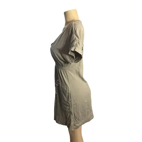 Women M Johnny Was JWLA V-Neck Embroidered Floral Bird Green Cotton Tunic Dress - Picture 4 of 8